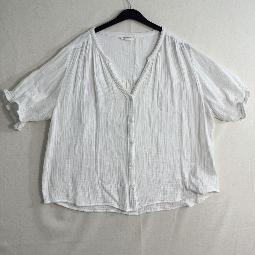 BeachLunchLounge Women XL White Cotton Gauze Button Front Blouse Boho Top